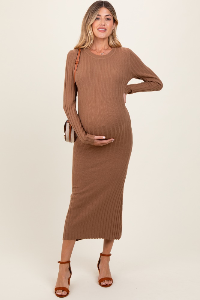 mocha ribbed knit fitted maternity midi sweater dress