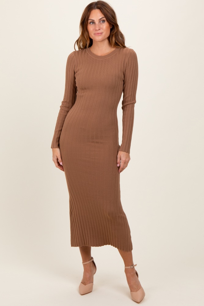 mocha ribbed knit fitted midi sweater dress