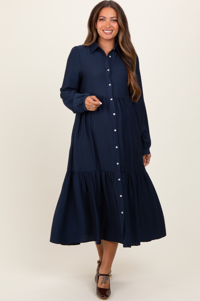 navy button down long sleeve maternity midi shirt dress