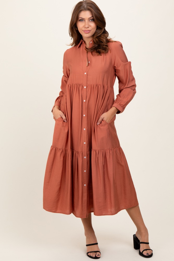 rust button down long sleeve midi shirt dress