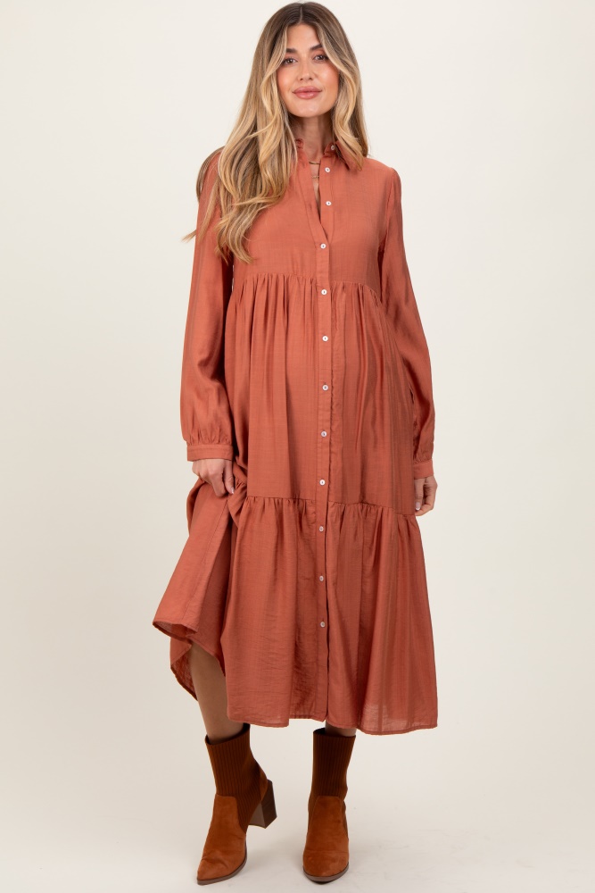 rust button down long sleeve maternity midi shirt dress