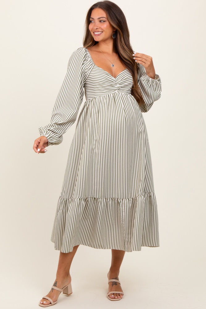 olive striped ruched bodice balloon sleeved maternity midi dress