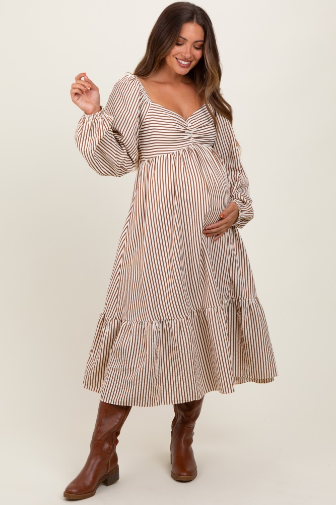 brown striped ruched bodice balloon sleeved maternity midi dress