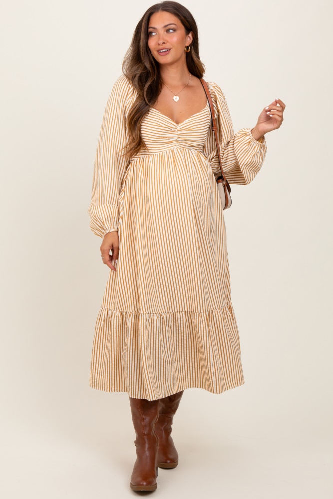 yellow striped ruched bodice balloon sleeved maternity midi dress