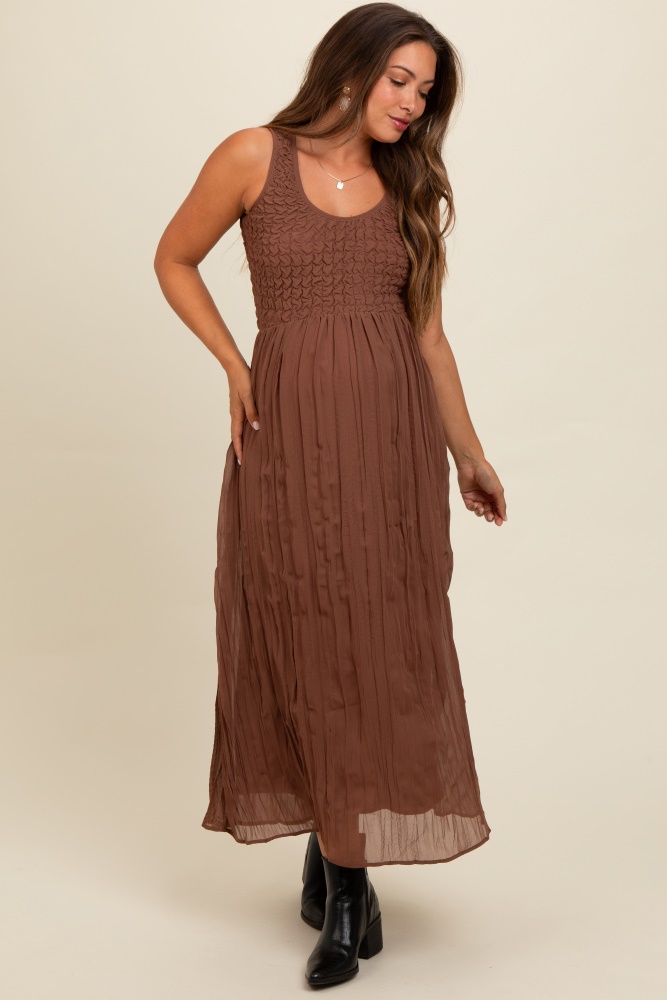 mocha textured smocked bodice sleeveless maternity maxi dress