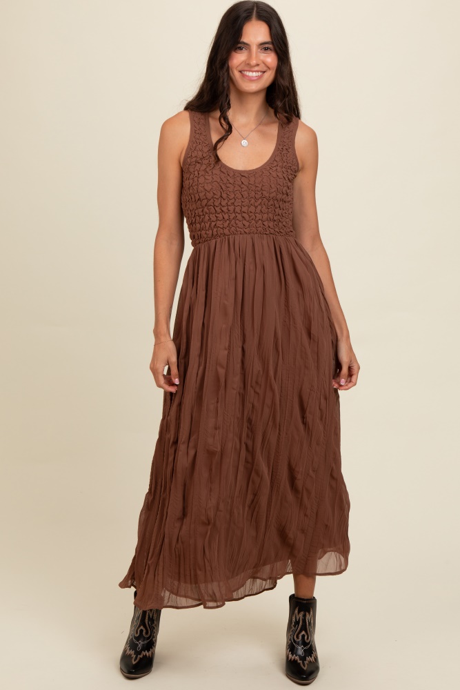 mocha textured smocked bodice sleeveless maxi dress