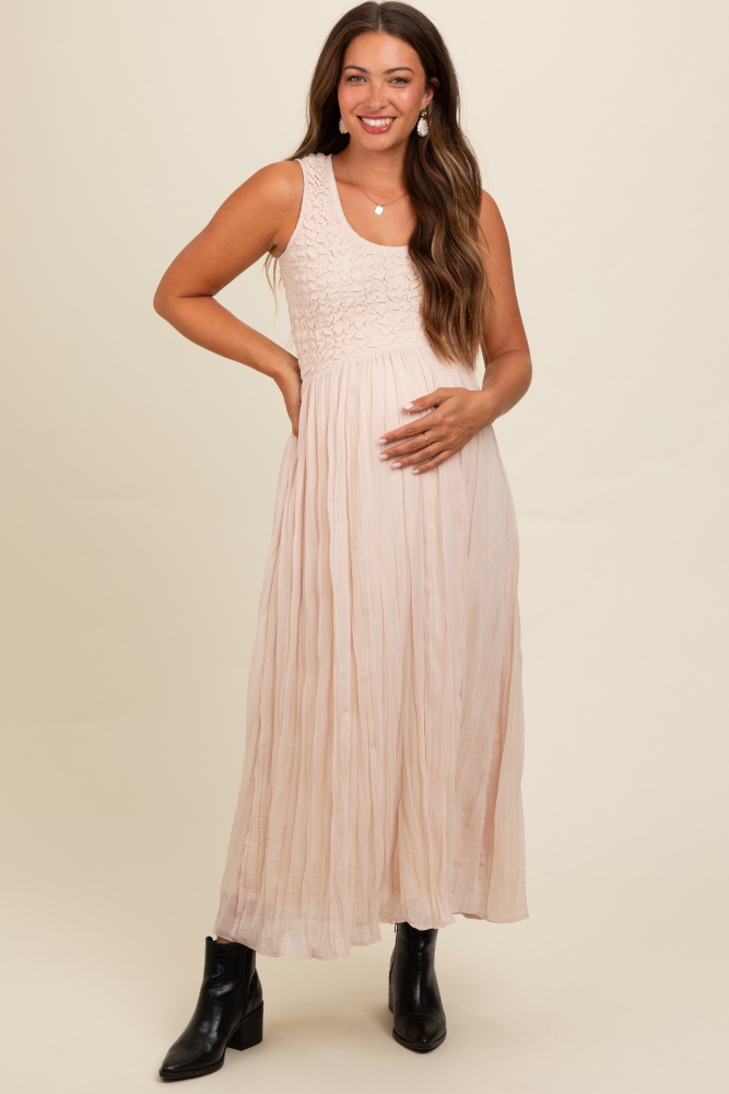 cream textured smocked bodice sleeveless maternity maxi dress