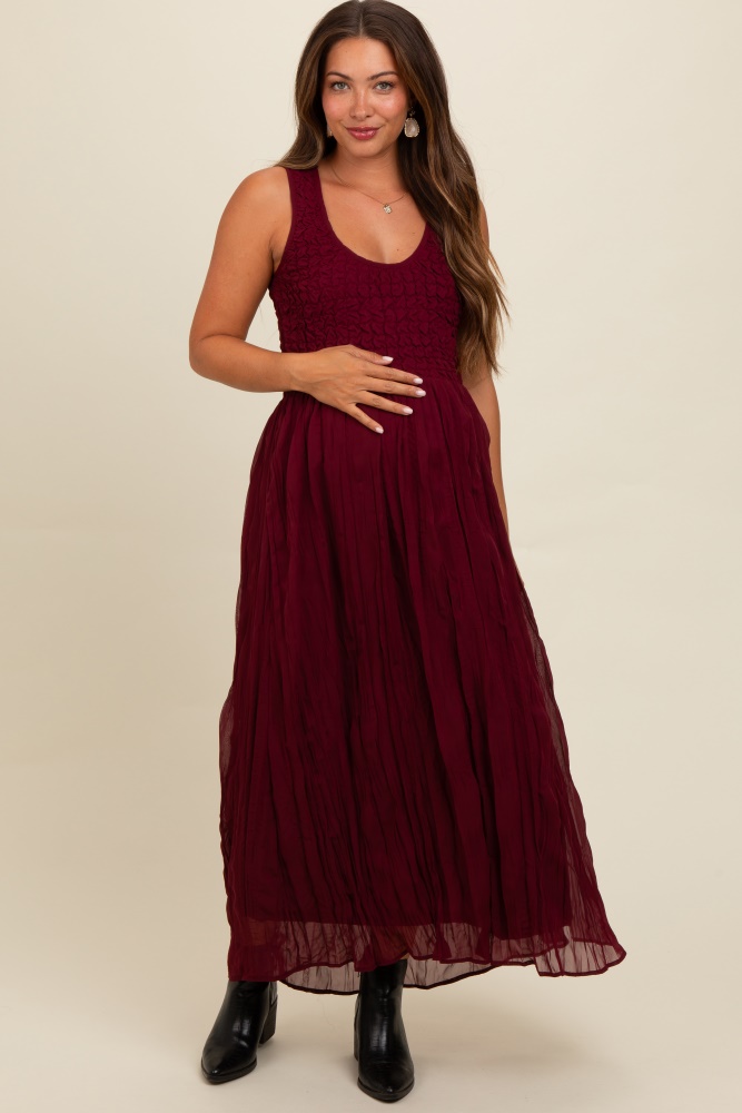 burgundy textured smocked bodice sleeveless maternity maxi dress