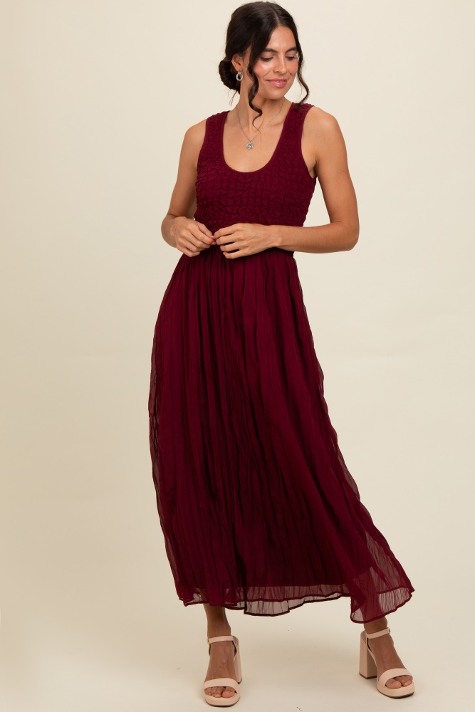 burgundy textured smocked bodice sleeveless maxi dress