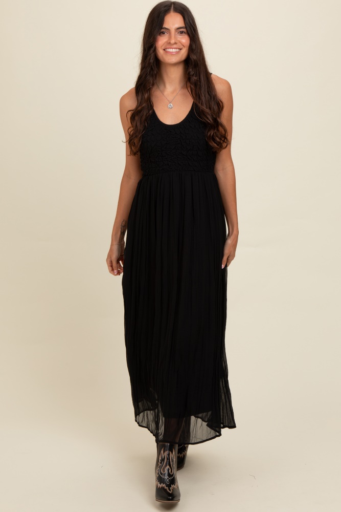 black textured smocked bodice sleeveless maxi dress