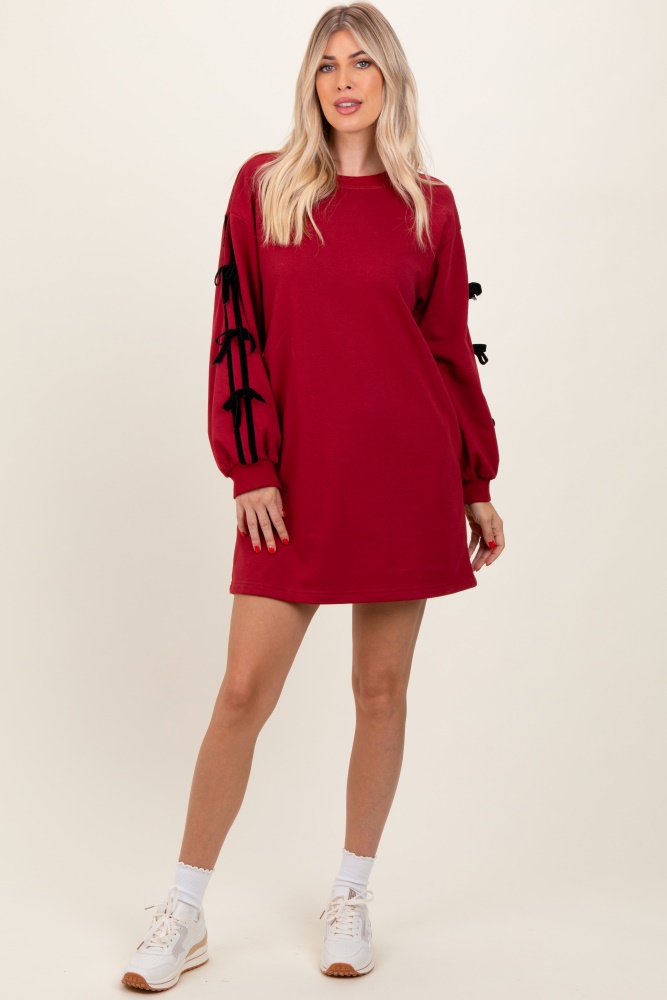 red bow detail long sleeve sweatshirt mini dress