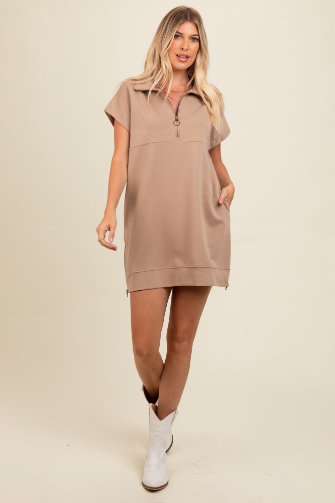 light mocha knit half zip mini dress