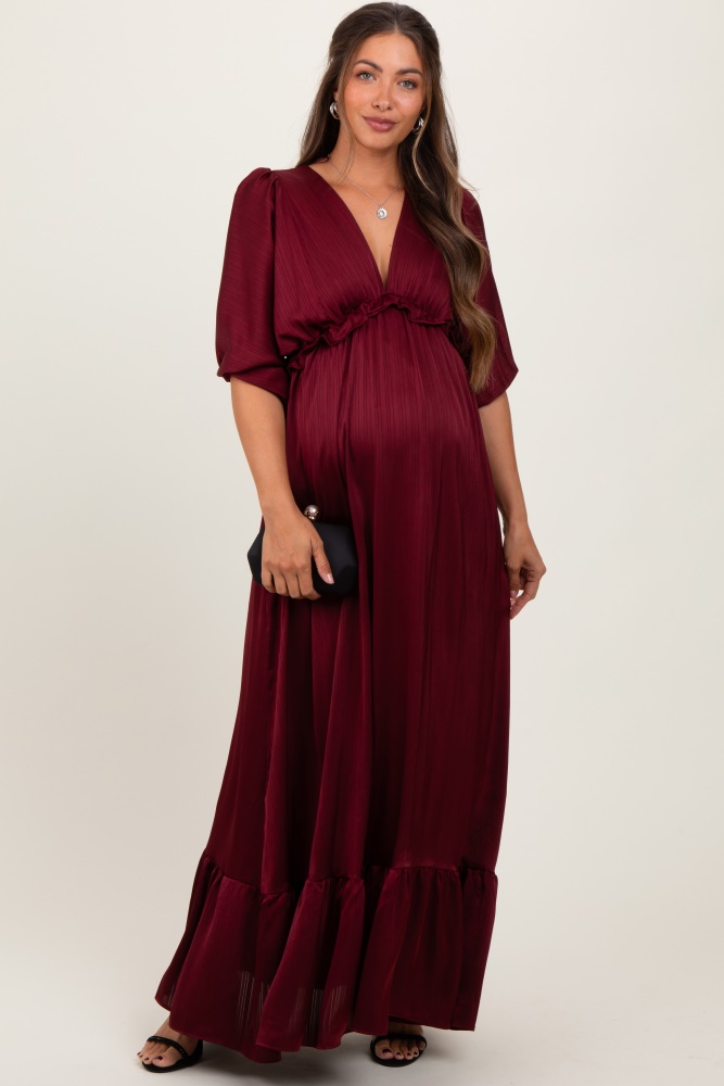 burgundy striped ruffle accent maternity maxi dress