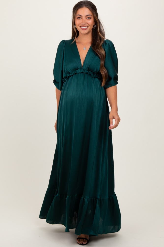 forest green striped ruffle accent maternity maxi dress