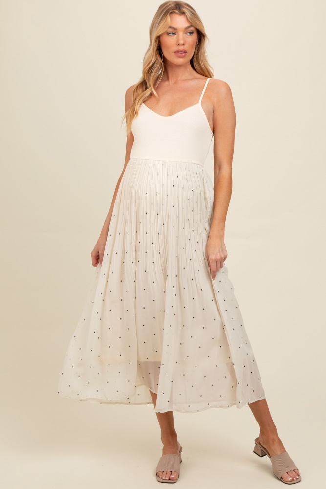 cream polka dot pleated mesh overlay maternity maxi dress