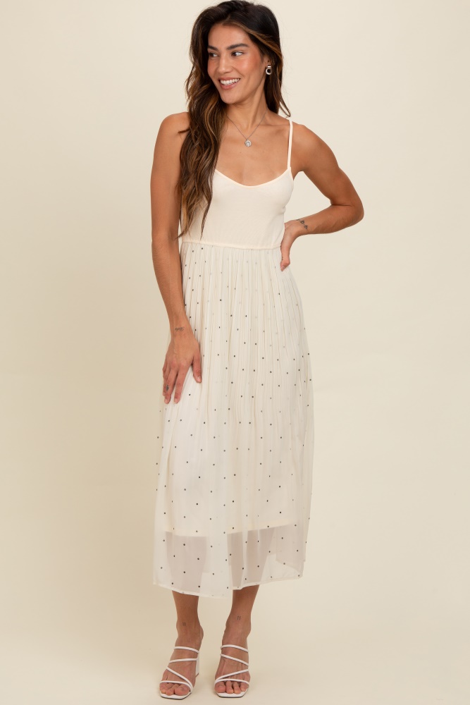 cream polka dot pleated mesh overlay maxi dress