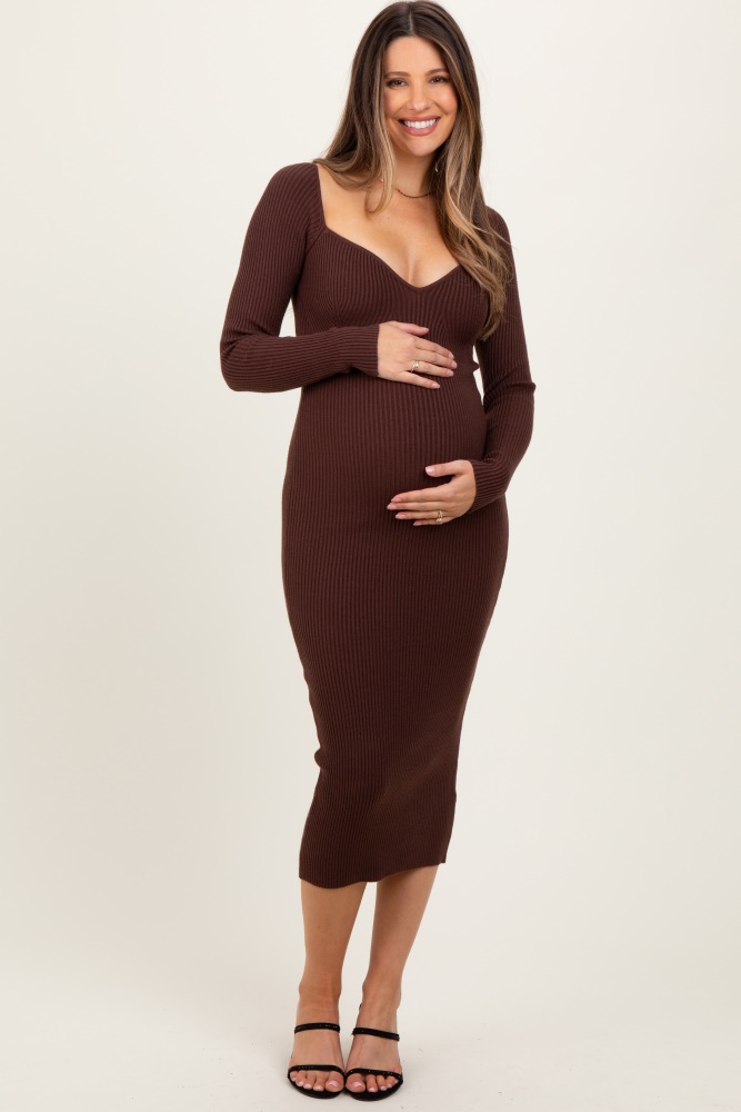 brown deep v-neck maternity midi sweater dress