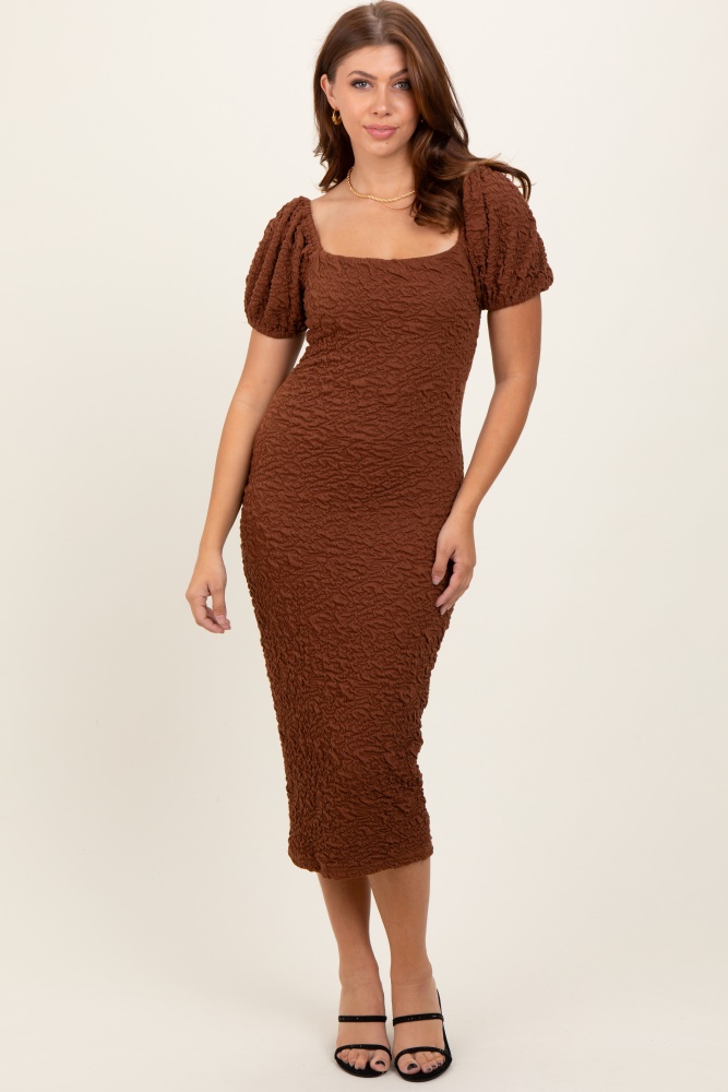 mocha textured square neck puff sleeve midi dress