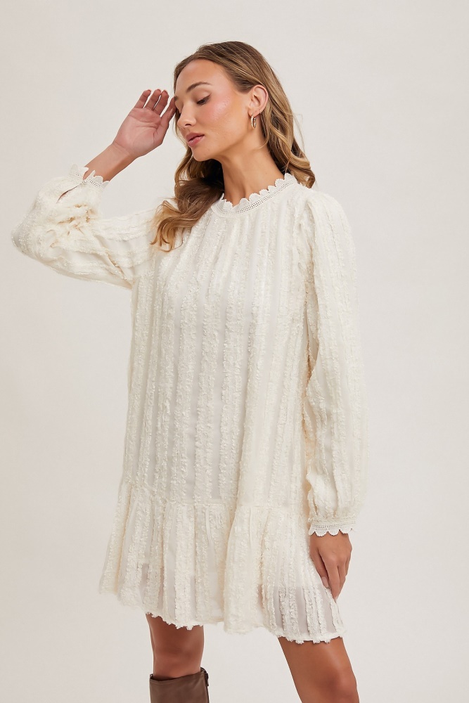 ivory ruffle trimmed puff sleeve mock neck dress