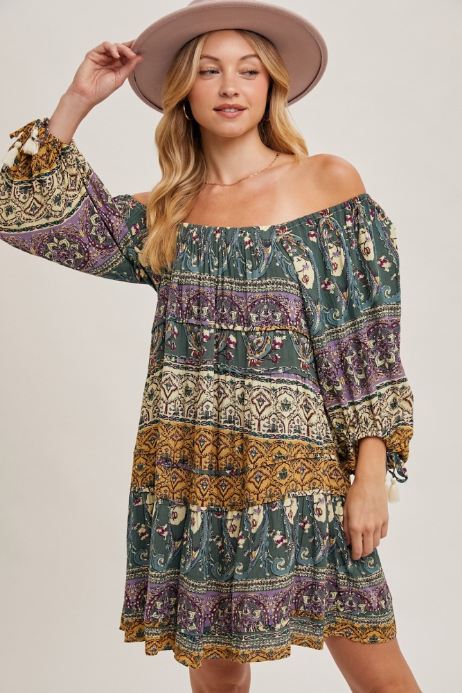 gold green paisley print boho off shoulder dress