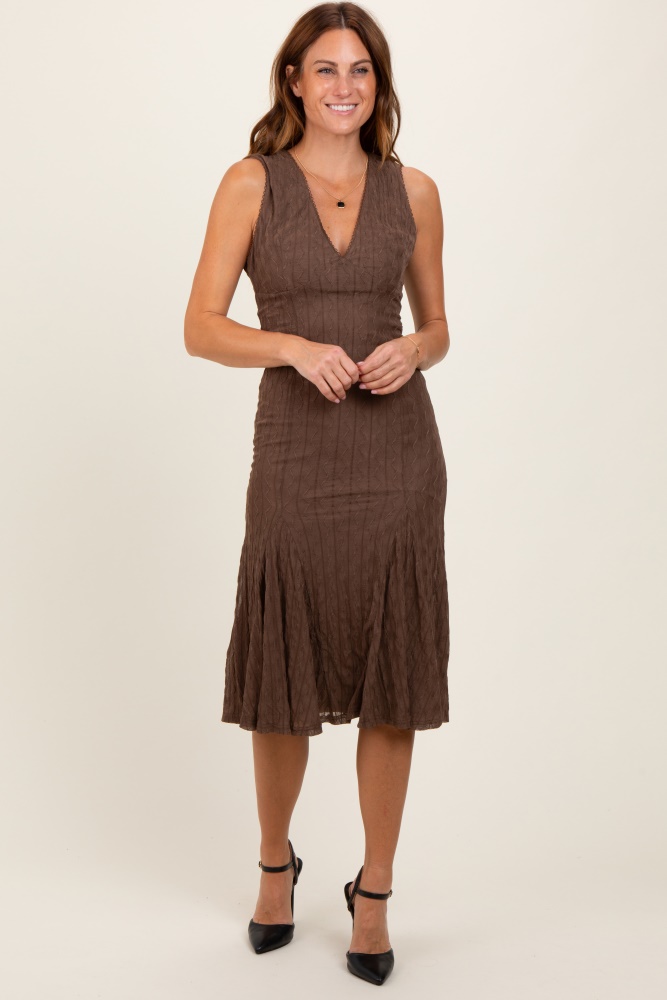 brown textured v-neck midi dress