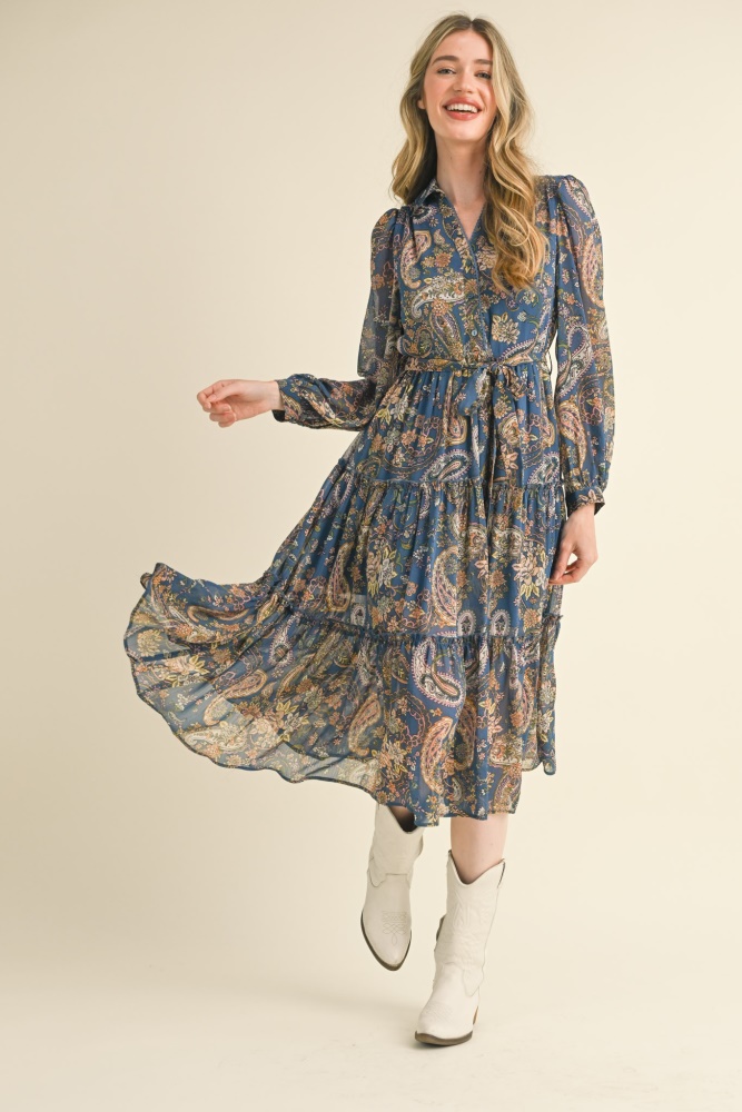 denim blue paisley print button down midi dress