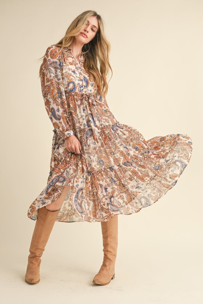 cream paisley print button down midi dress