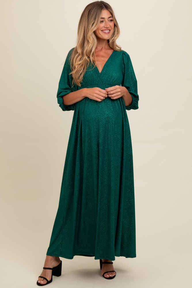 forest green glitter v-neck maternity maxi dress