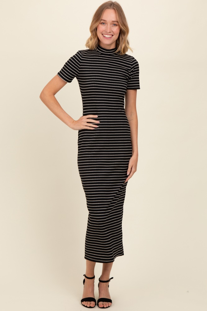 black striped mock neck fitted midi dress