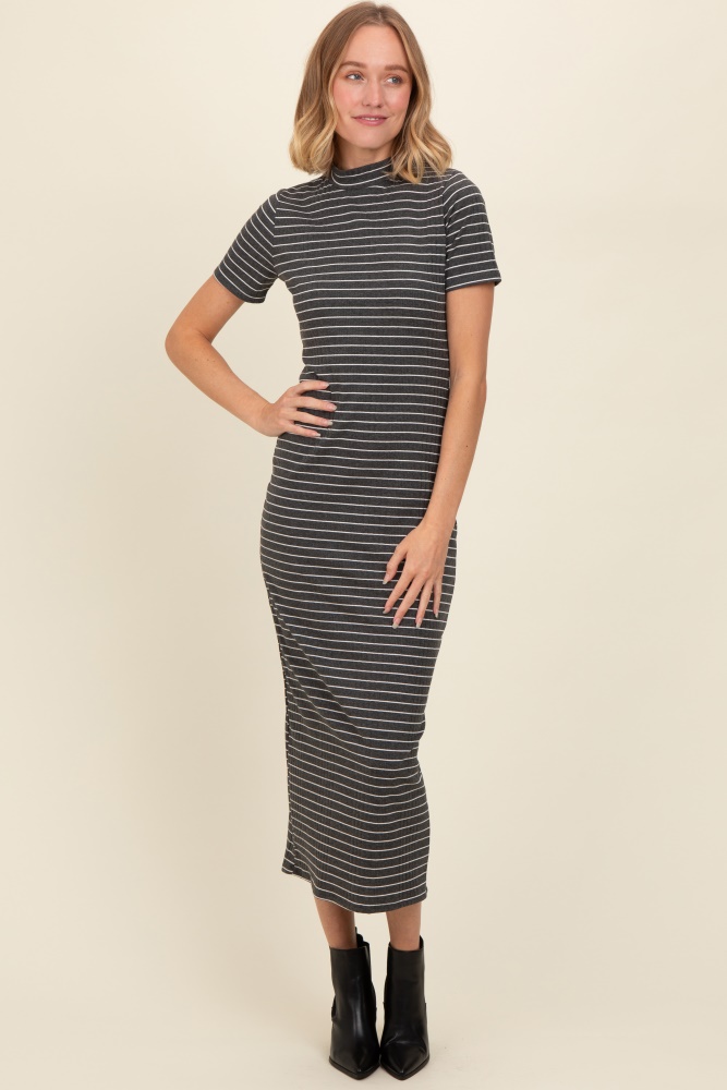 charcoal striped mock neck fitted midi dress