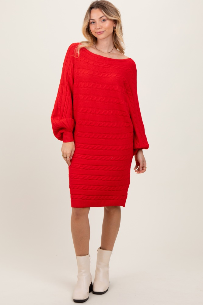 red cable knit dolman sleeve sweater mini dress