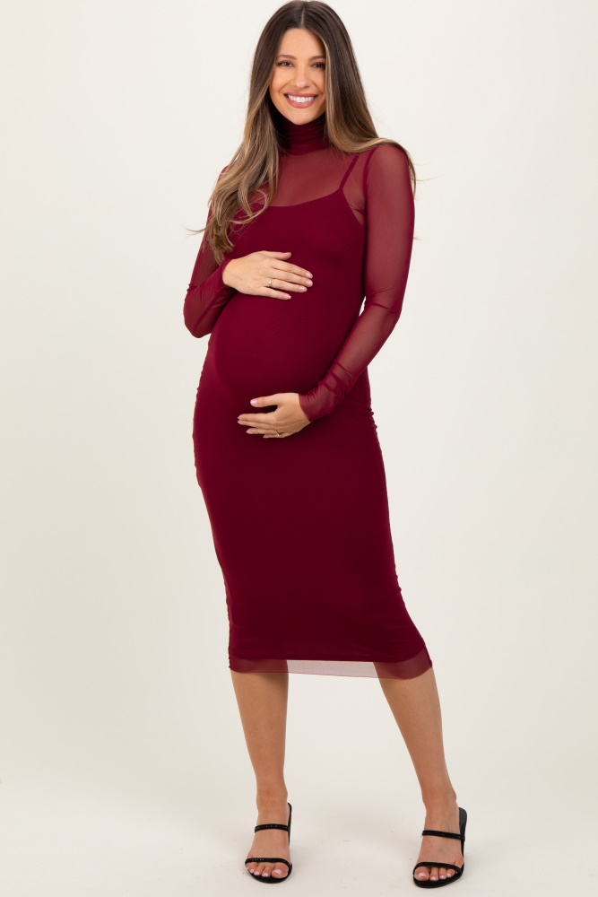 burgundy mesh overlay fitted maternity midi dress