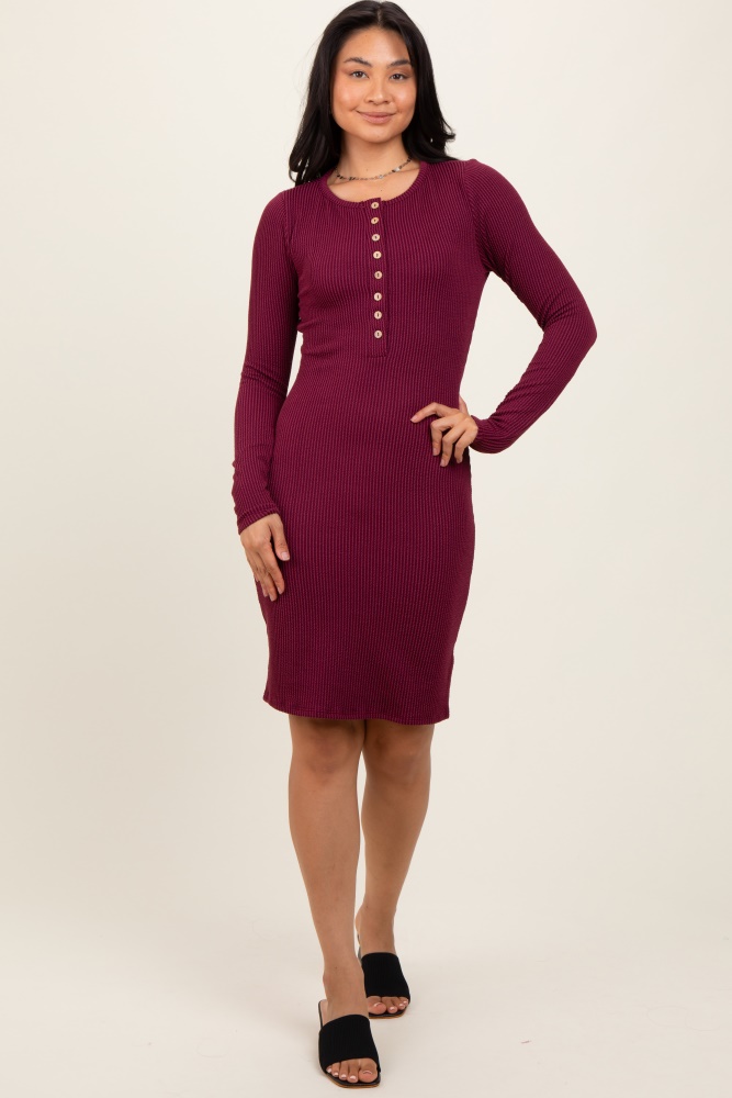 burgundy ribbed long sleeve half button up fitted dress