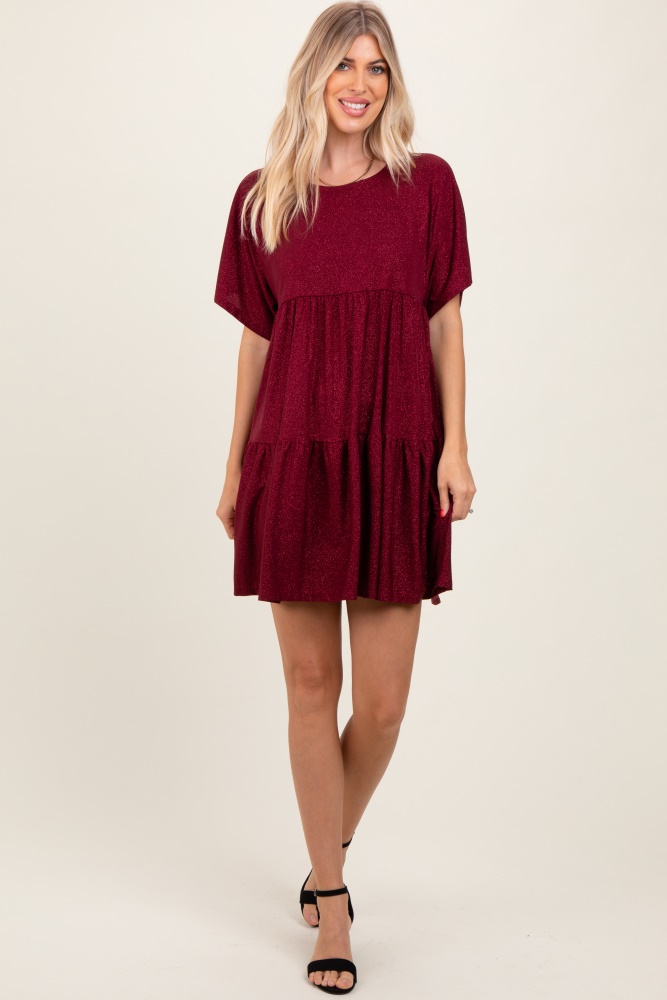 burgundy glitter flutter sleeve tiered dress