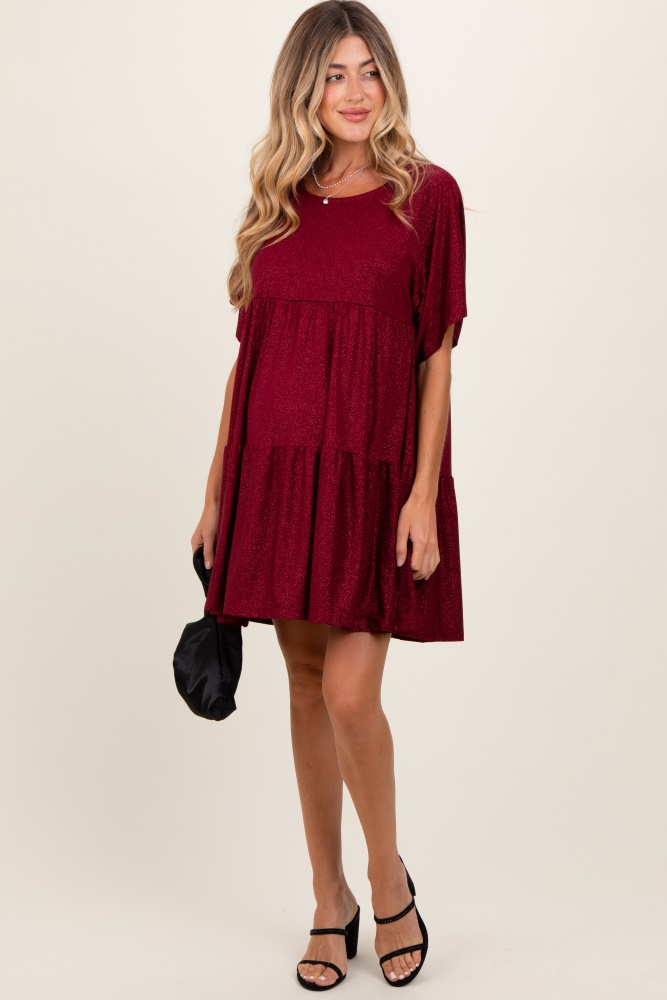 burgundy glitter flutter sleeve tiered maternity dress