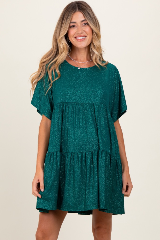 forest green glitter flutter sleeve tiered maternity dress