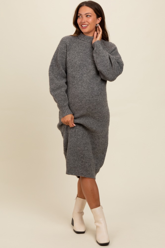 charcoal mock neck bubble sleeve maternity midi sweater dress