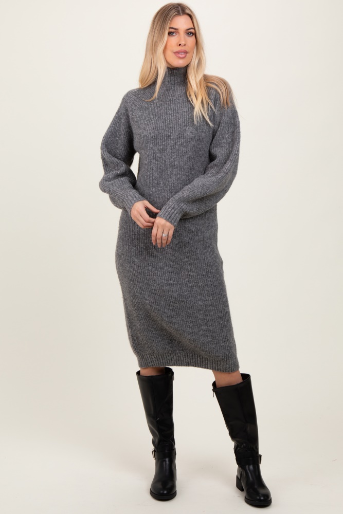 charcoal mock neck bubble sleeve midi sweater dress