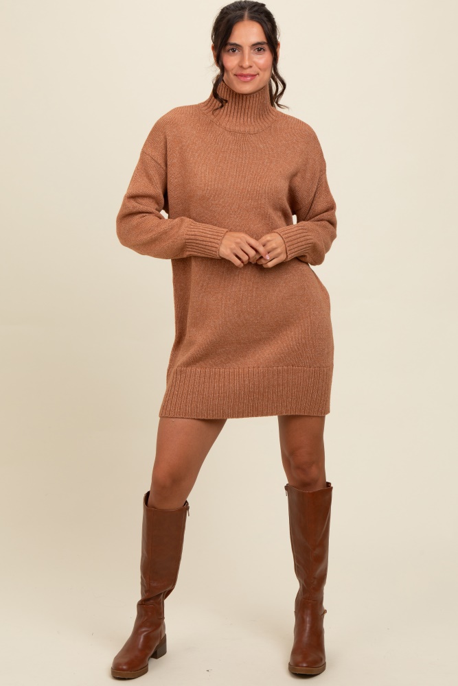 camel turtle neck mini sweater dress