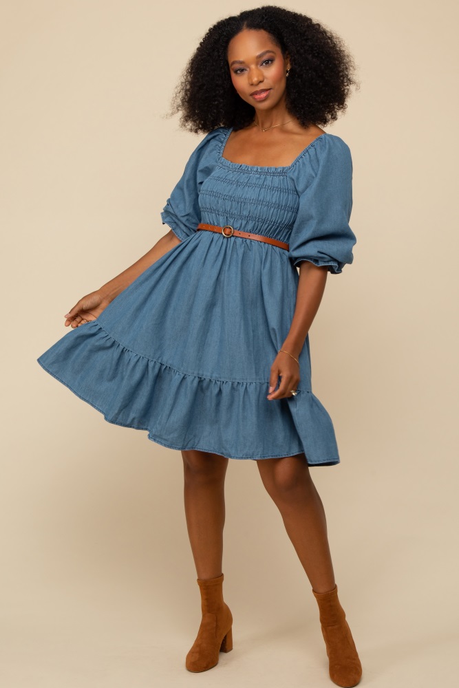 blue vintage wash chambray smocked midi dress