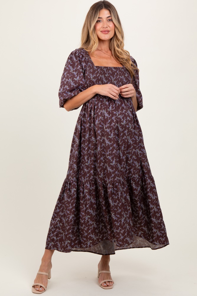 plum floral smocked hi-low puff sleeve maternity maxi dress