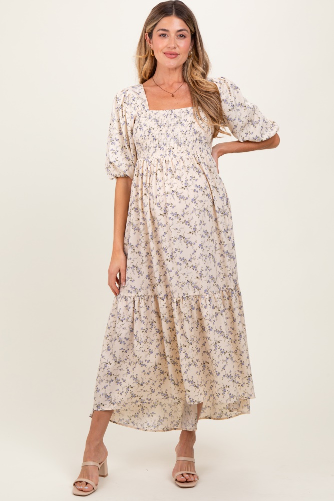 ivory floral smocked hi-low puff sleeve maternity maxi dress