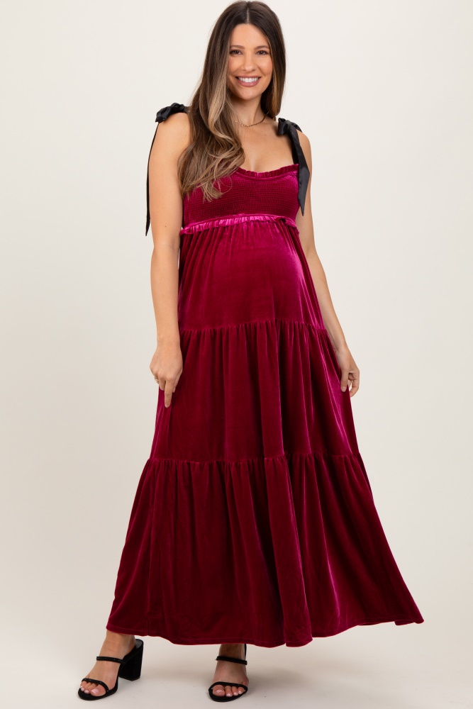 burgundy velvet smocked satin shoulder tie maternity maxi dress