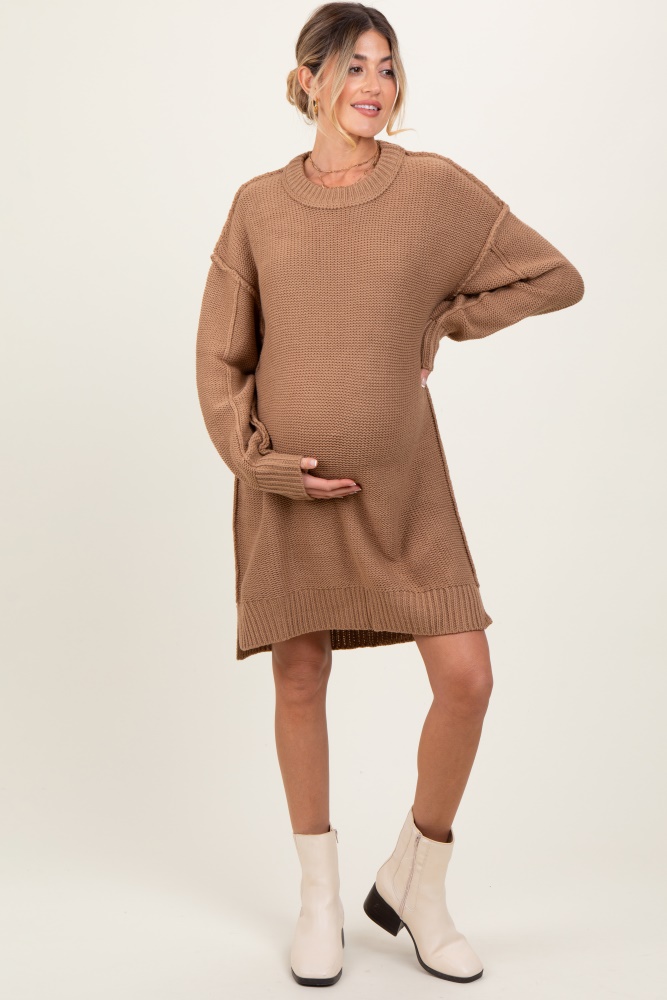 mocha exposed seam oversized maternity sweater dress