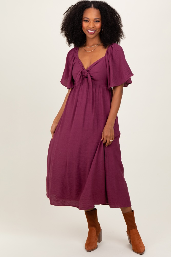 plum front tie ruffle sleeve midi dress