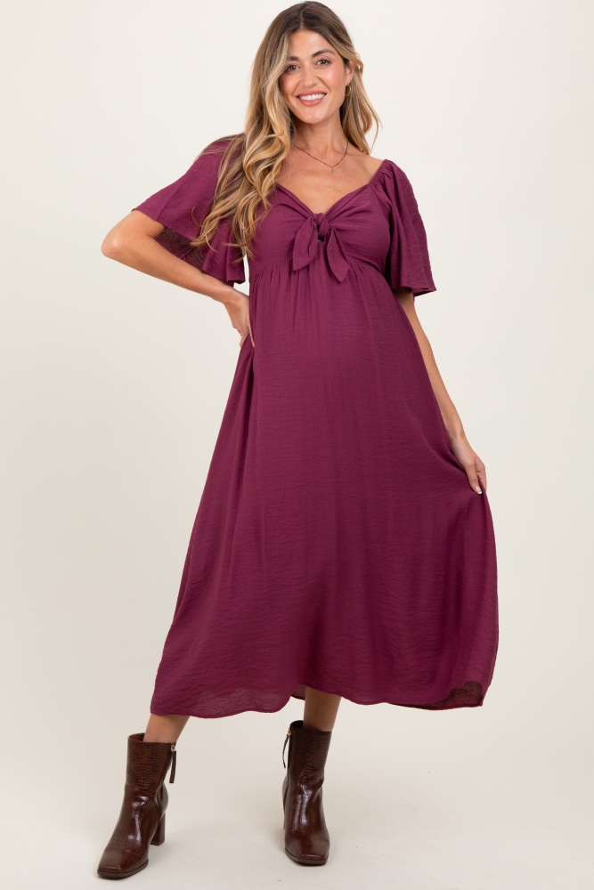 plum front tie ruffle sleeve maternity midi dress