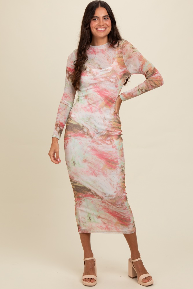 pink abstract printed mesh overlay maxi dress