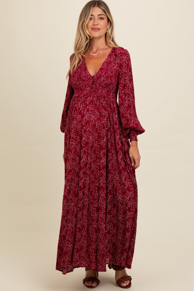 burgundy floral smocked button detail maternity maxi dress