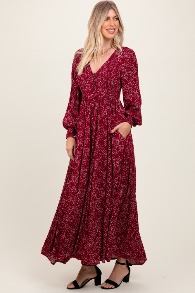 burgundy floral smocked button detail maxi dress