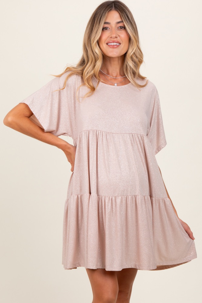 beige glitter flutter sleeve tiered maternity dress